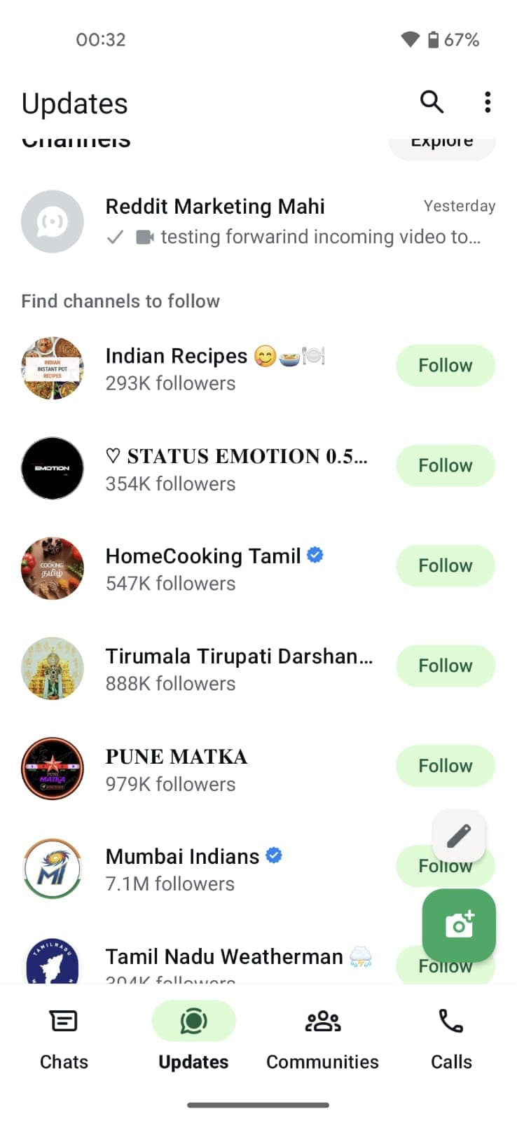 WhatsApp Updates tab on Android